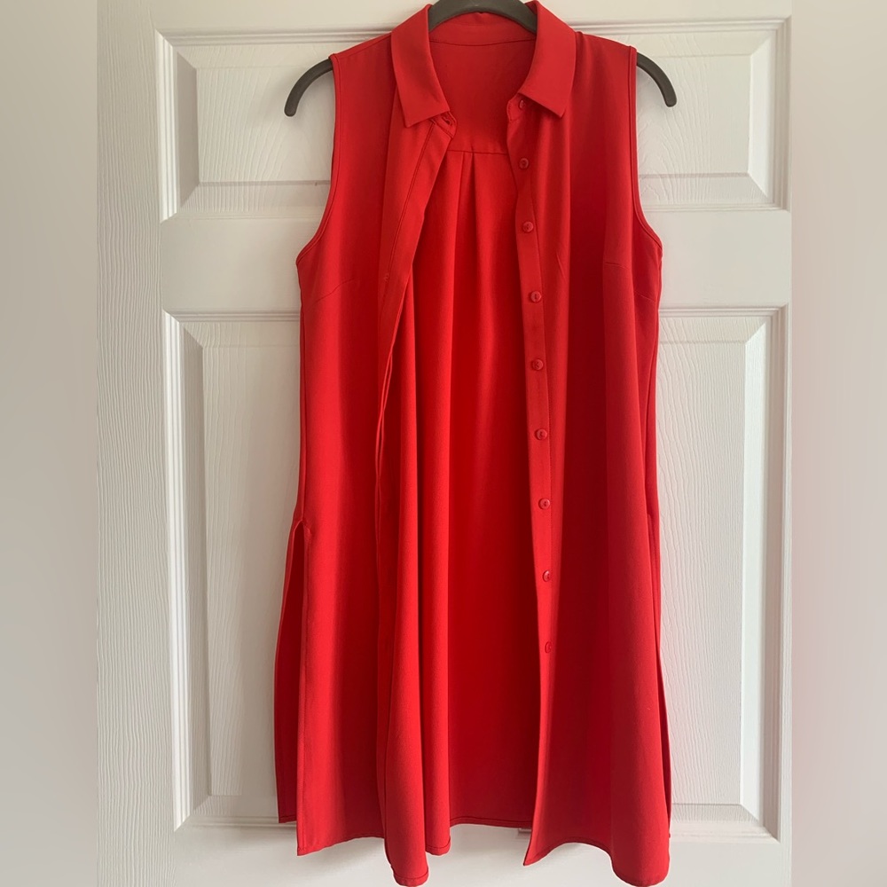 Bright Red Collared Sleeveless Button Down Duster with Split Hem Size Medium